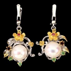 Серьги из серебра Жемчужина с жемчугом, изумрудом и гранатом С1620