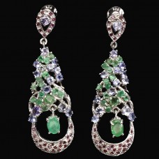 Серьги-подвески из серебра с изумрудом, танзанитом и рубином Ниагара С1643